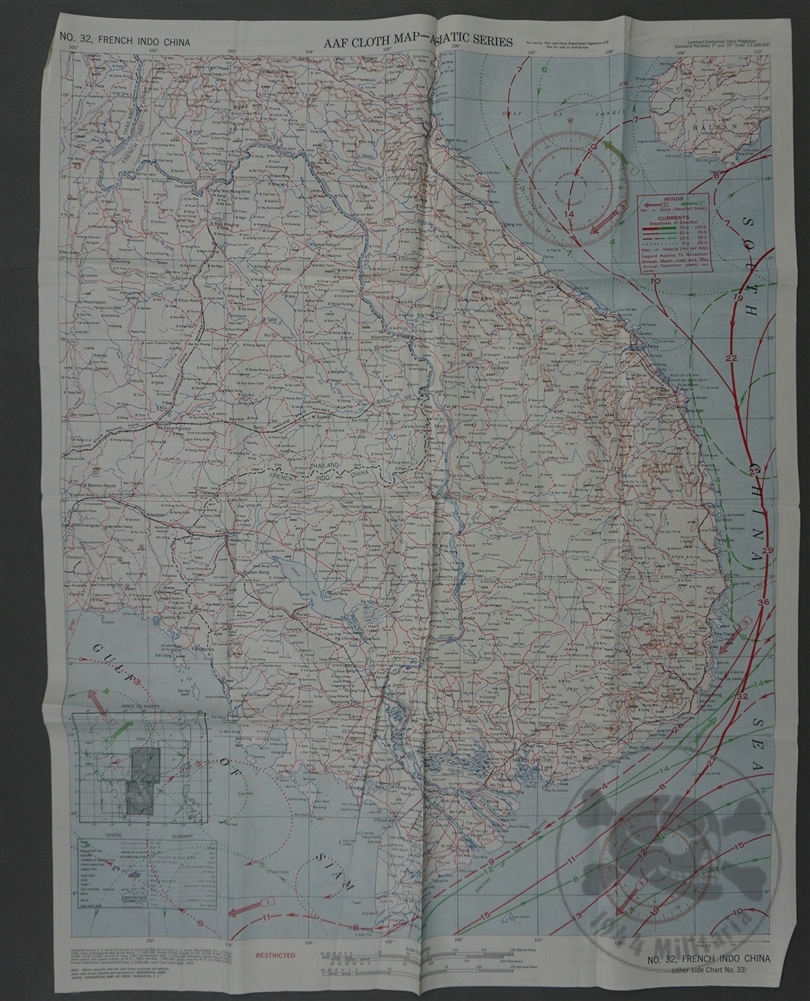 Original U.S. WWII AAF Cloth Map Asiatic Series No. 32 (French