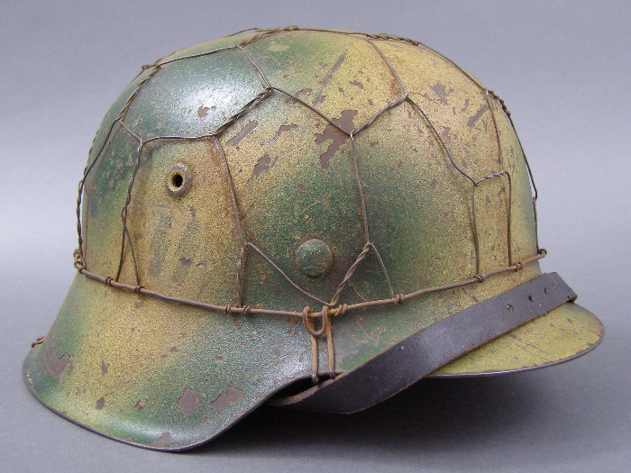 Waffen SS M42 Helmet Normandy Camouflaged With Chicken Wire Basket